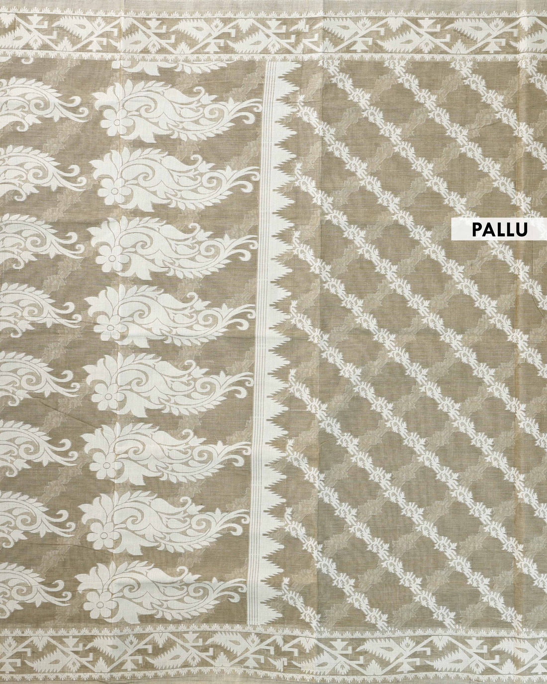 Diagonal Leaf Woven Bengal Cotton Saree with Traditional Border - Green