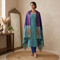Aqua Blue Cotton Salwar Material With Striped Weave Blue Dupatta And Striped Border Front View