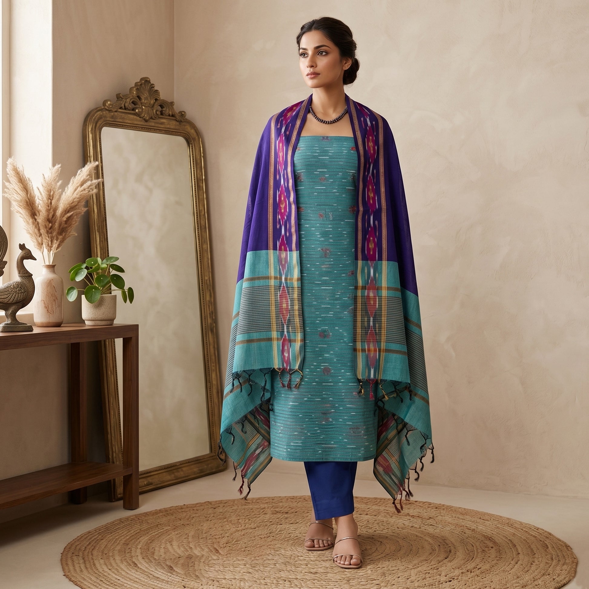 Aqua Blue Cotton Salwar Material With Striped Weave Blue Dupatta And Striped Border Front View