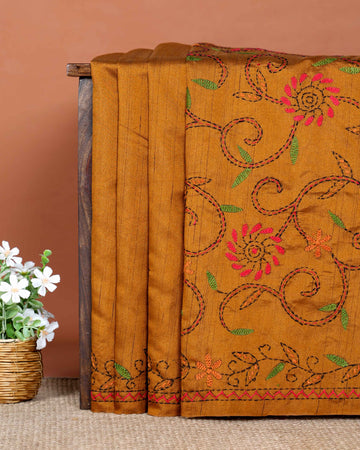 Elegant Hand Embroidered Kantha Work Tussar Saree with Detailed Floral Motifs - Mustard
