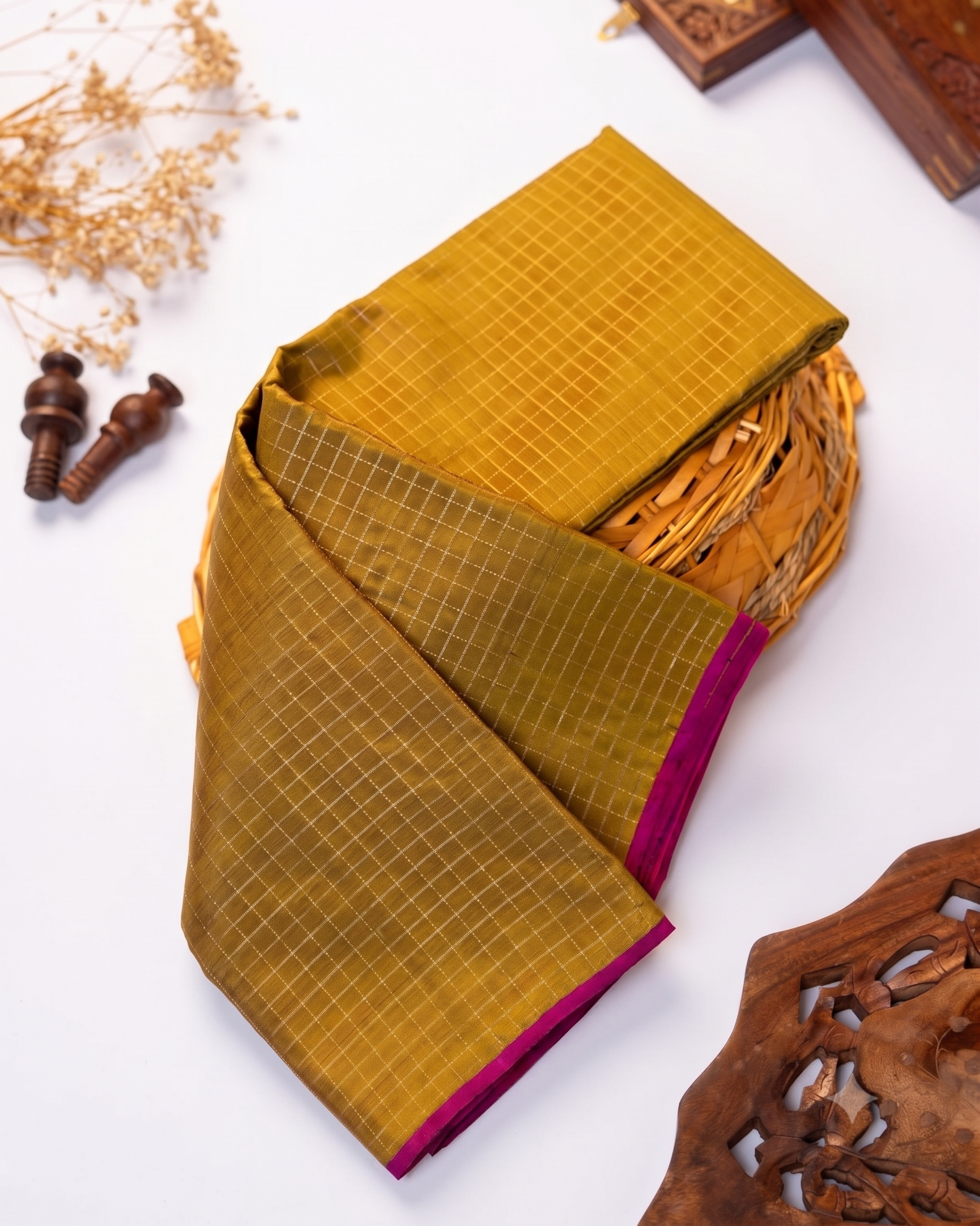 Elegant Handloom Kanchipuram Pure Silk Saree with Fine Checks and Contrast Border - Olive Green