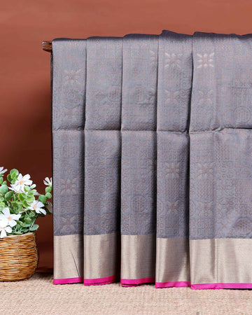 Ethnic Thread Design Soft Silk Saree - Grey