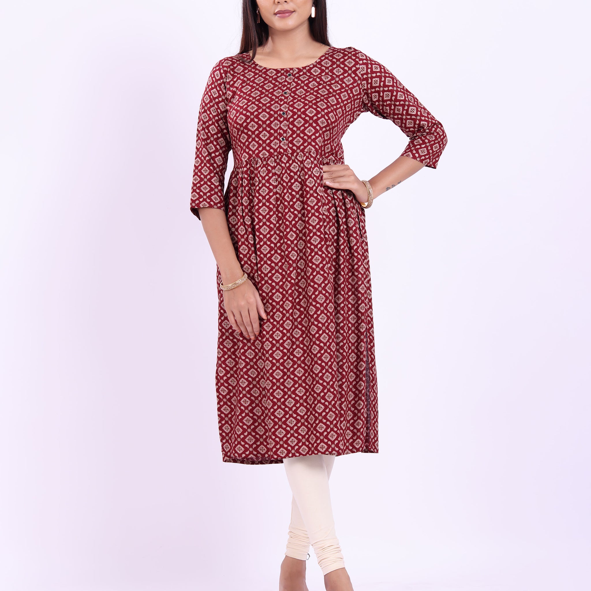 Women's Printed Cotton Blend Straight Kurta - Maroon