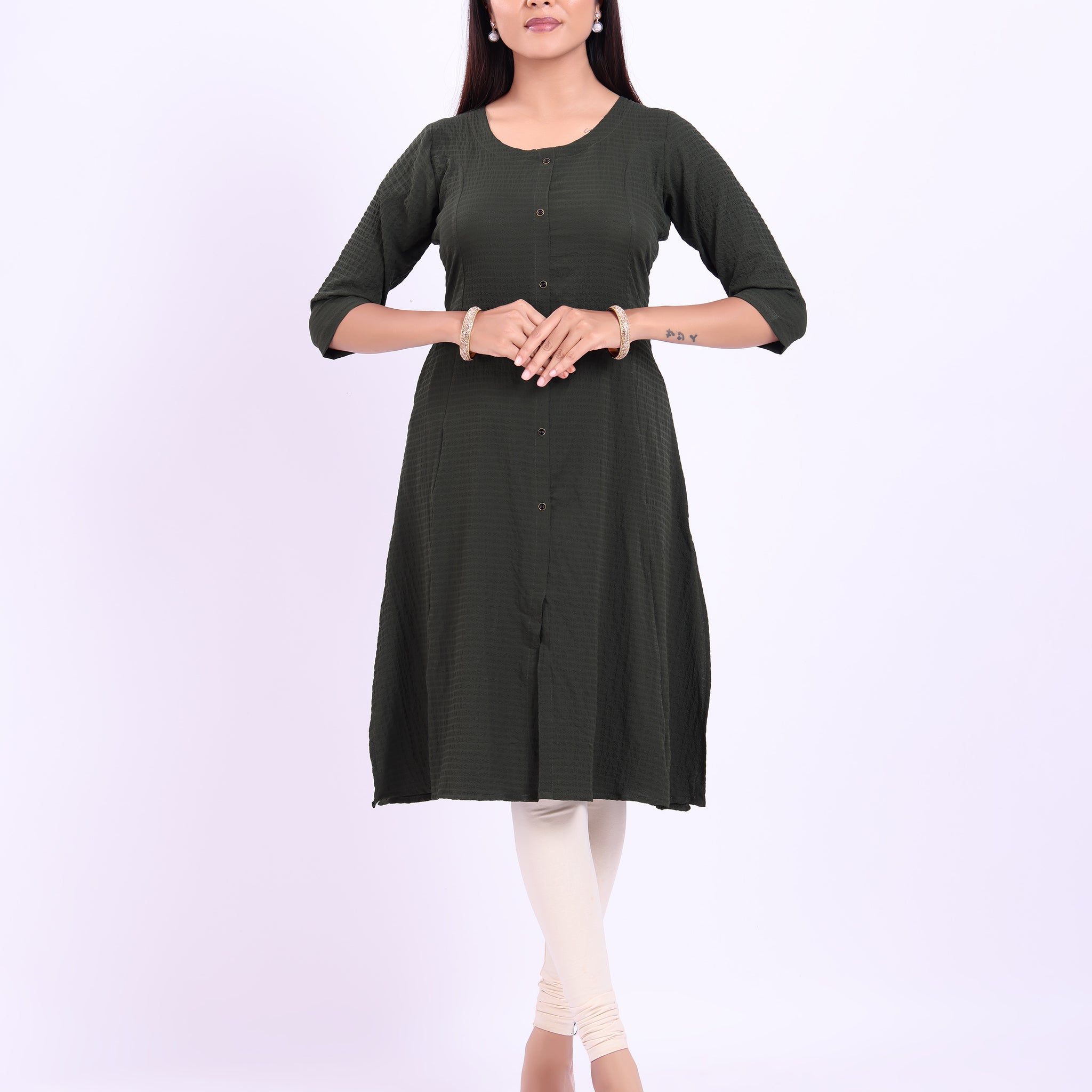 Solid Straight Kurta with Round -Neck, Button Detail and 3/4th Sleeves - Green