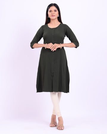Solid Straight Kurta with Round -Neck, Button Detail and 3/4th Sleeves - Green
