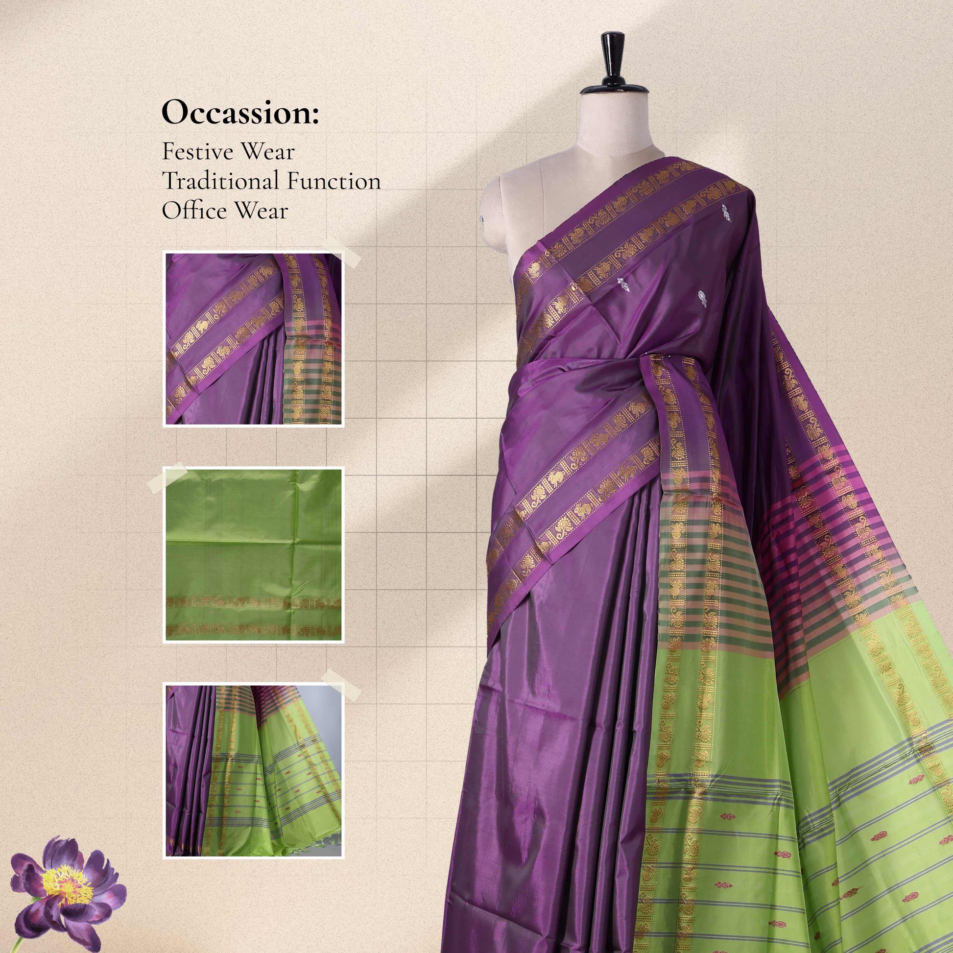 Banana Pith Saree in Purple with Green Pallu and Intricate Gold Zari Border