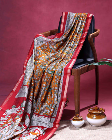 Elegant Semi Chanderi Saree with Kalamkari Inspired Motifs and A Plain Gold Woven Border - Mustard