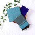 Cotton Salwar Material In Aqua Blue With Striped Pattern Blue Contrast Dupatta Flat Lay View