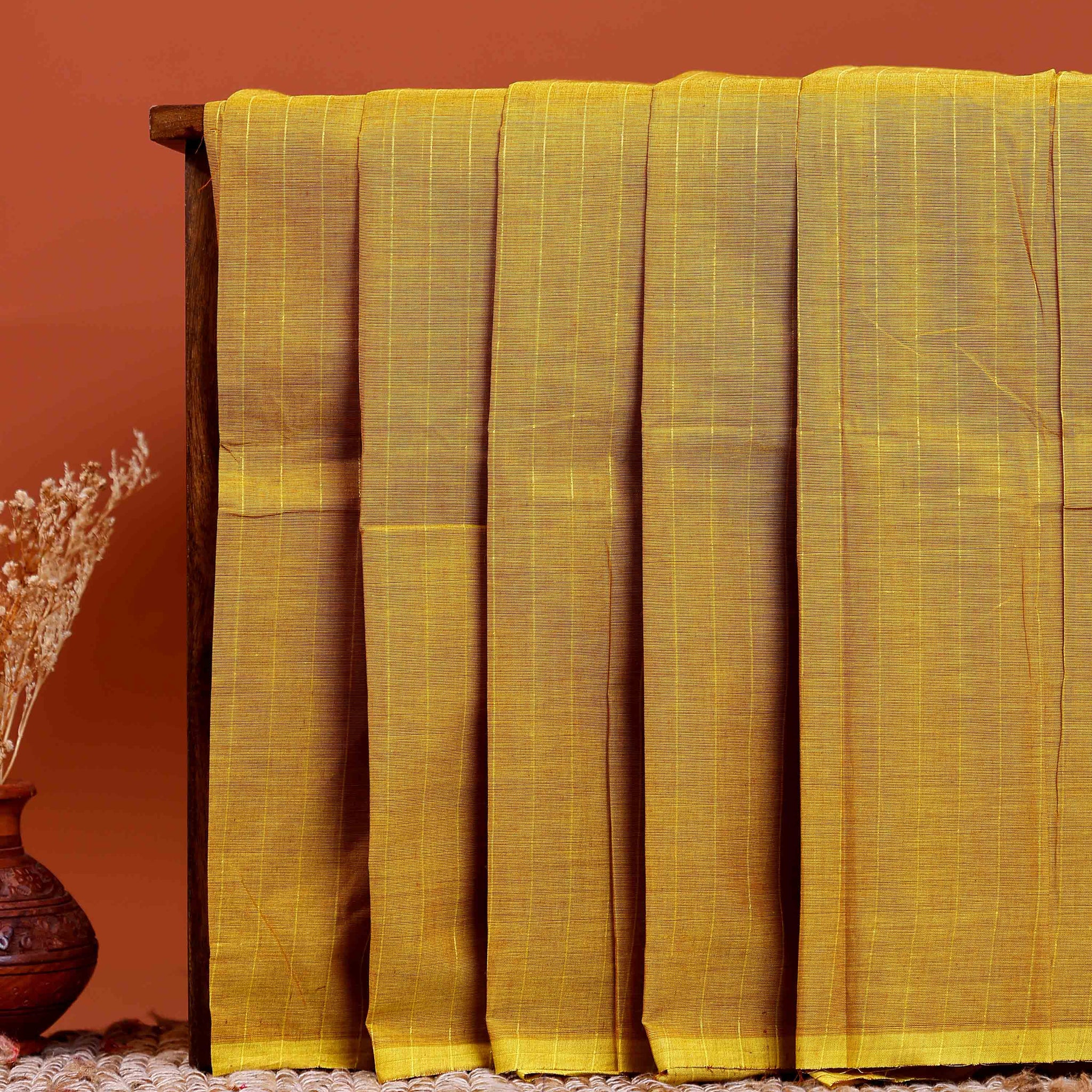 Traditional Chettinad Cotton Saree with Subtle Stripes and Traditional Weave - Olive Green