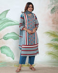 Women's Readymade Straight Kurta Salwar Suit Set With Zigzag And Striped Print, Teal, Side View