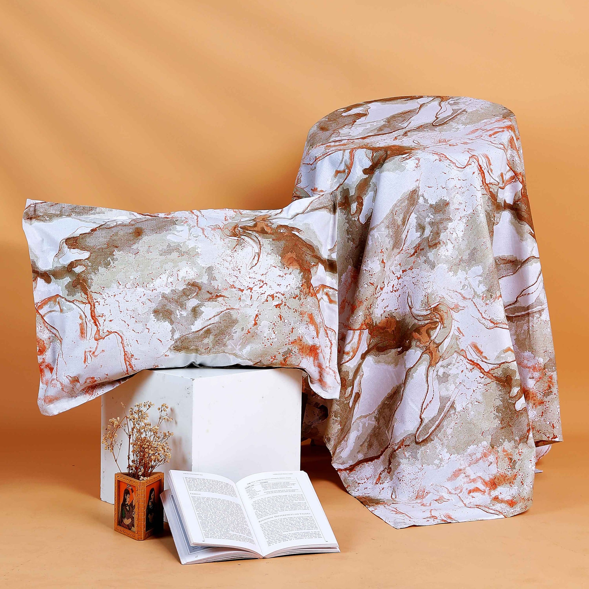 Rust & Stone Marble Queen Size Bed Cover With Pillow Cover- Multi