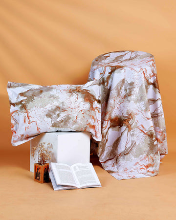 Rust & Stone Marble Queen Size Bed Cover With Pillow Cover- Multi