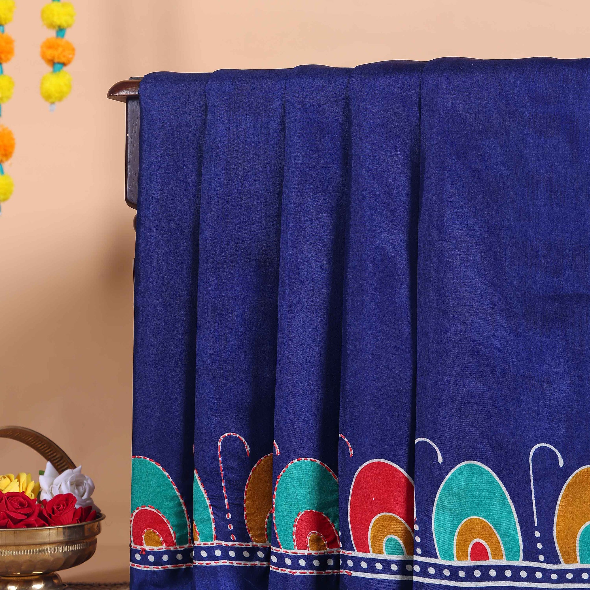 Elegant Kantha Work Saree with Intricate Handcrafted Border and Traditional Motif Detailing - Navy Blue