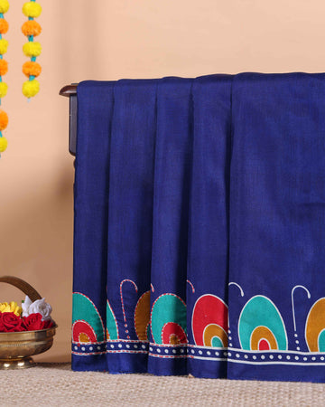 Elegant Kantha Work Saree with Intricate Handcrafted Border and Traditional Motif Detailing - Navy Blue