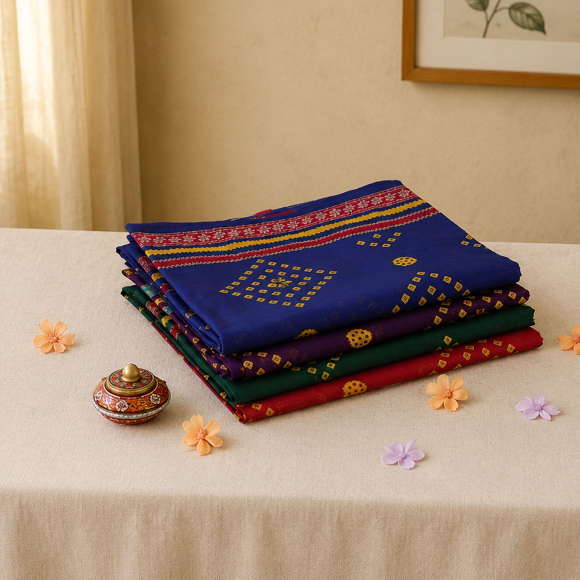 Voile cotton sarees with woven butta motifs in assorted colors neatly folded stack display top front view