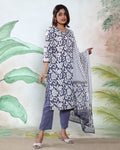 Women’s Readymade Salwar Suit Set with Floral Printed Straight Kurta, Pants & Striped Dupatta, Grey
