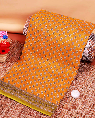 All-Over Floral Printed Voile Saree with Intricate Contrast Border – Yellow
