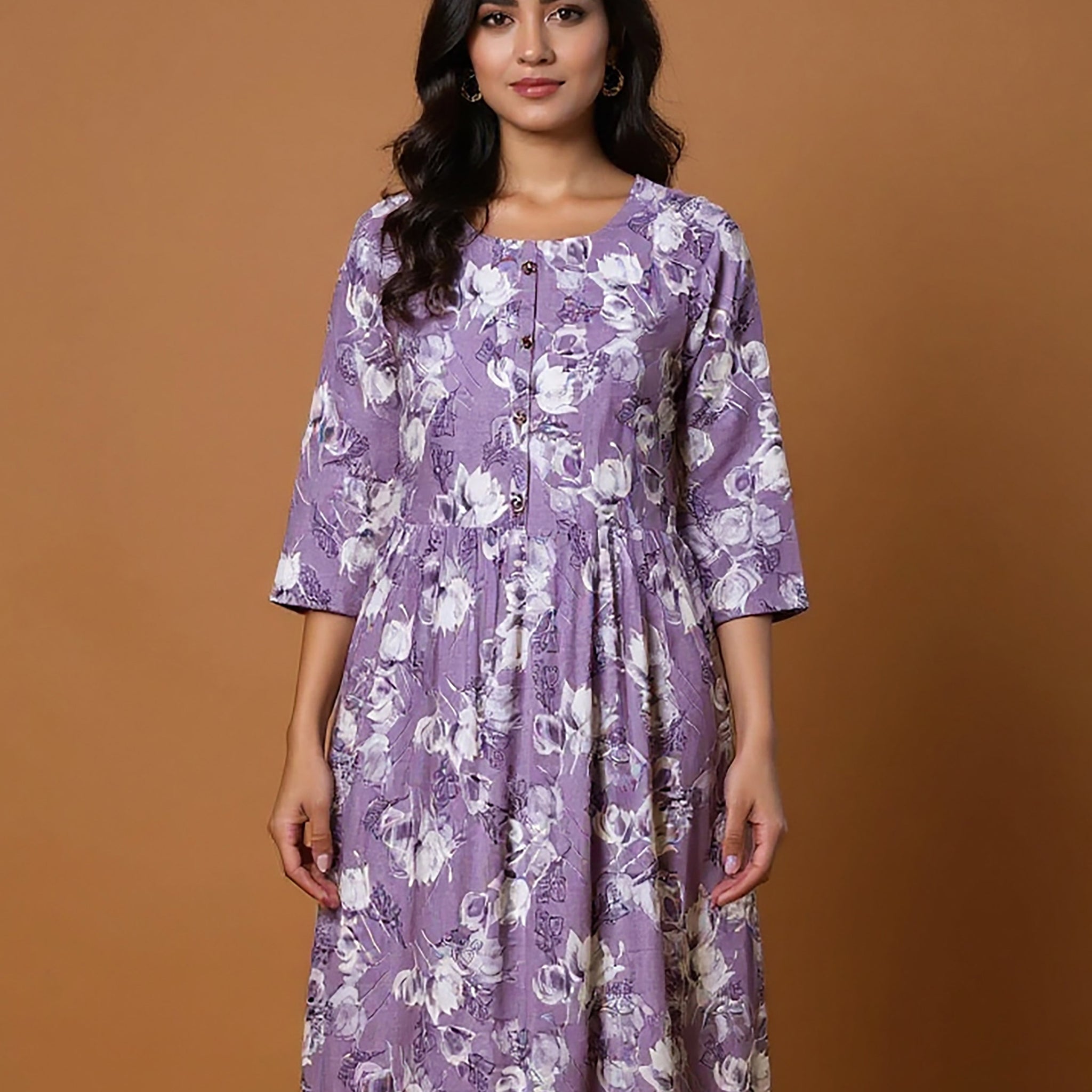 Maternity Wear - Elegant Lavender Floral Print Button-Down Women's Feeding Top