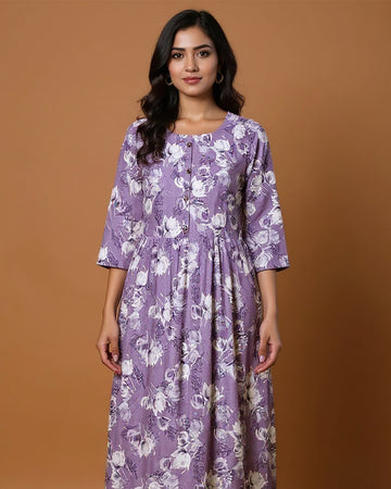 Maternity Wear - Elegant Lavender Floral Print Button-Down Women's Feeding Top