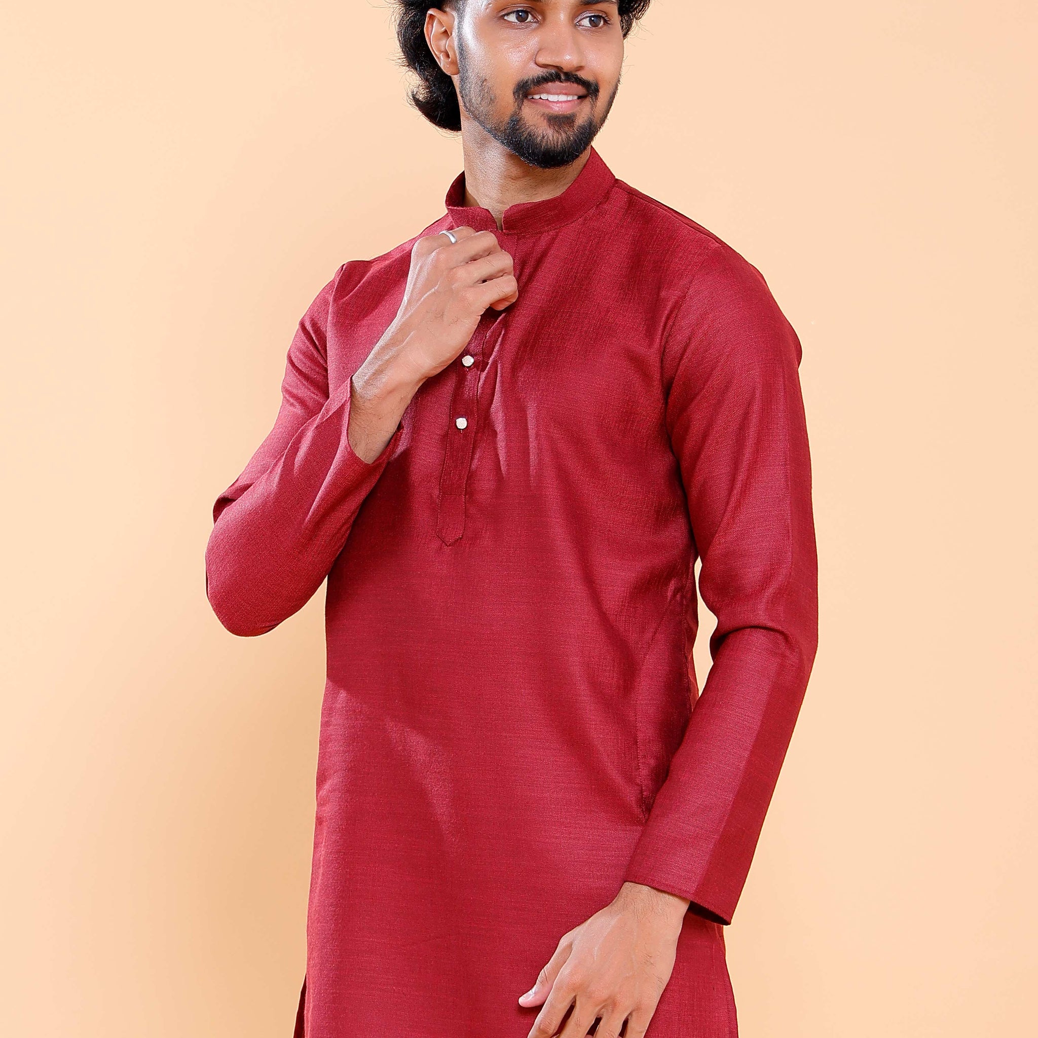 Elegant Men's Solid Mandarin Collar Kurta with Full Sleeves - Red