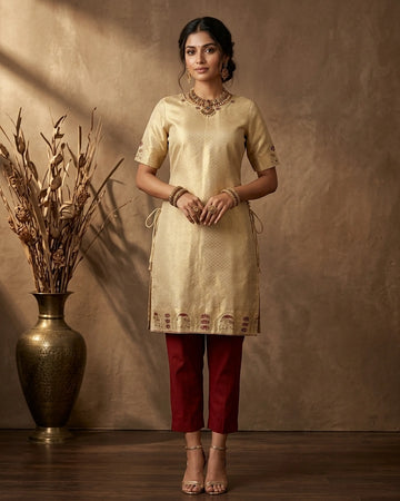 Elegant Women’s Straight Kurta with Round Neck 3/4 Sleeves & Embroidered Hem - Cream