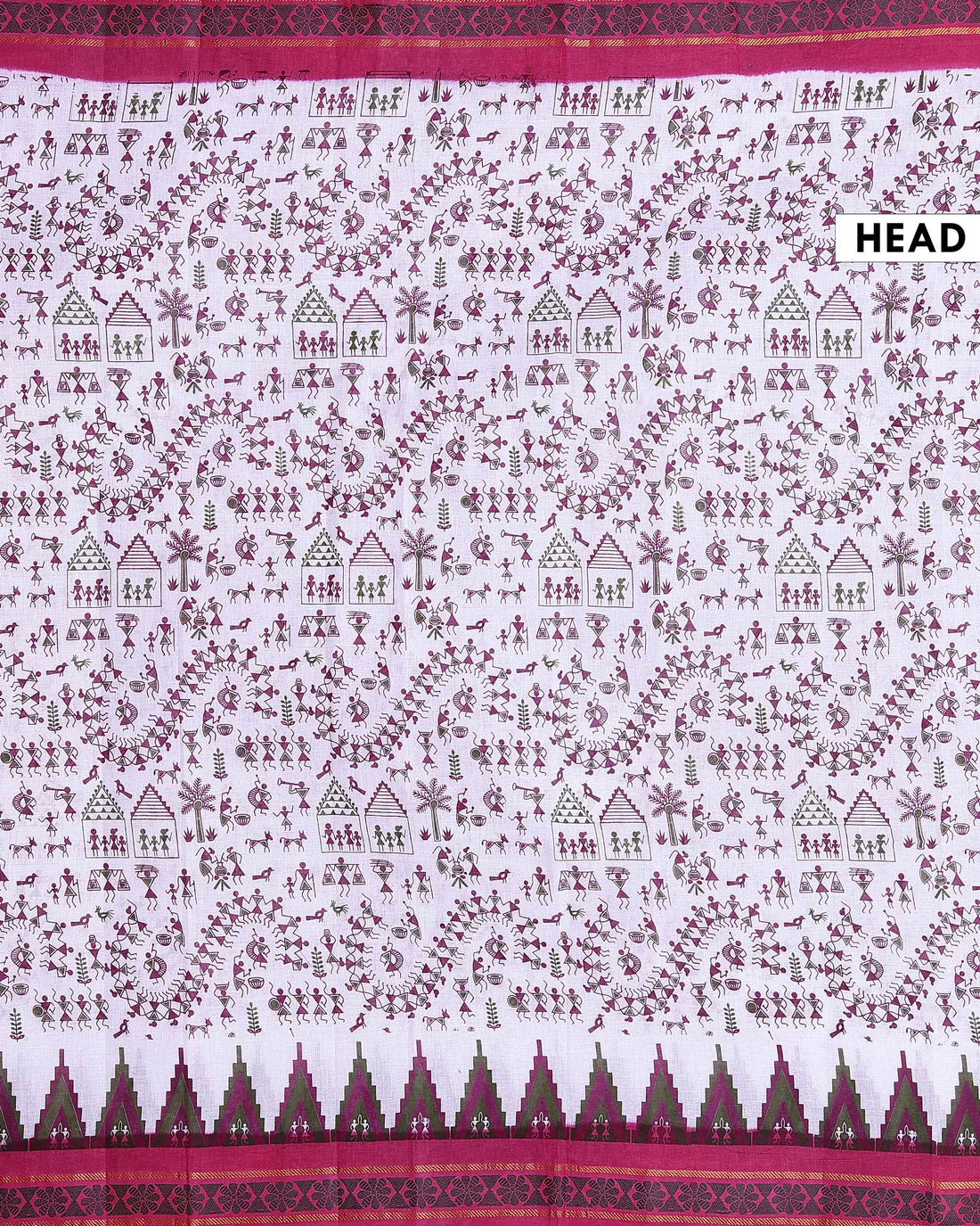 Traditional Sungudi Cotton Saree with Intricate Warli Tribal Print and Contrasting Geometric Border Design - Off White