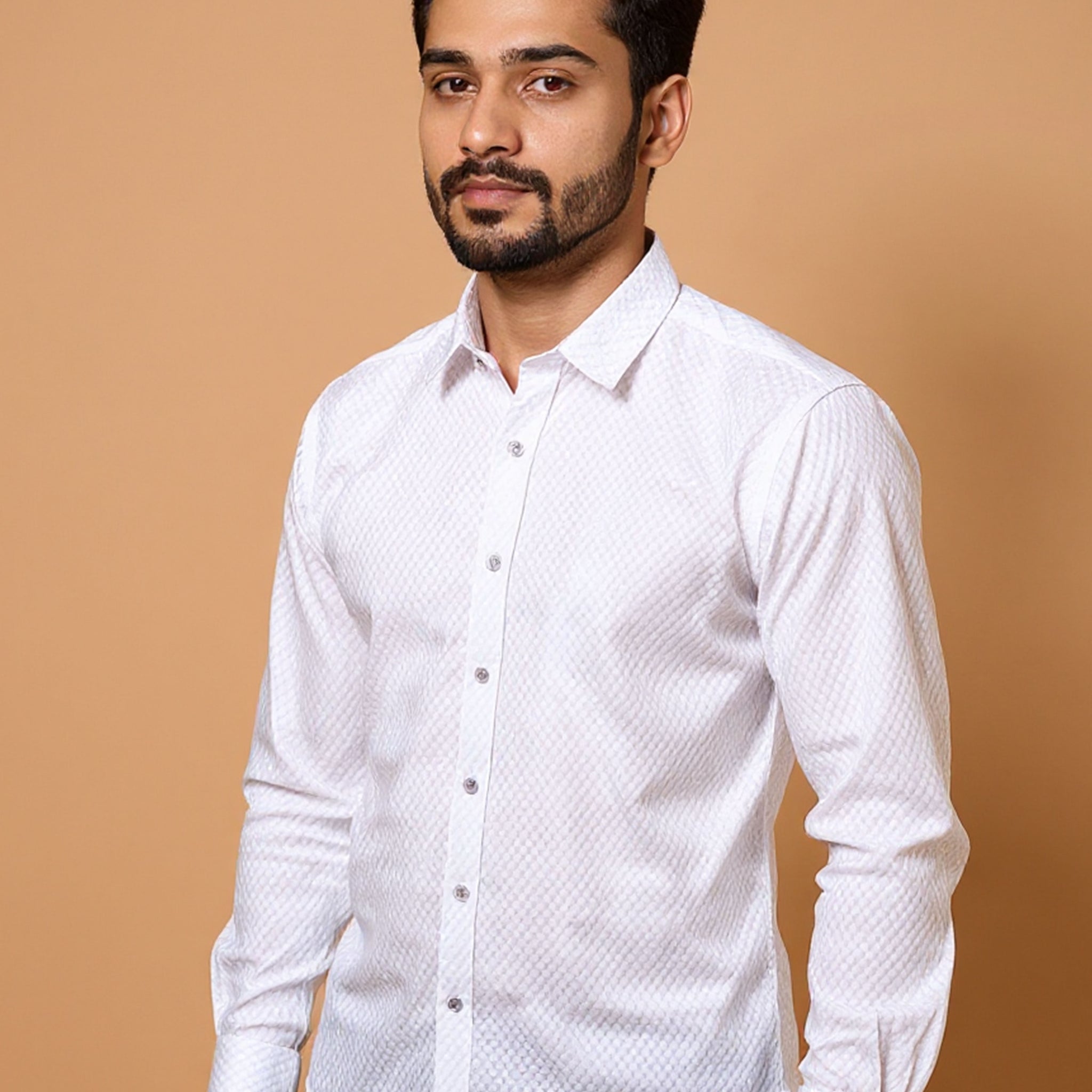 Nativebull Men's Textured Pattern Casual Shirt with Spread Collar and Full Sleeves - White