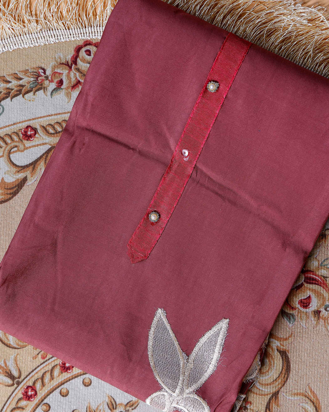 Women's Elegant Unstitched Salwar Suit Material with Embellished Neckline & Printed Dupatta - Maroon