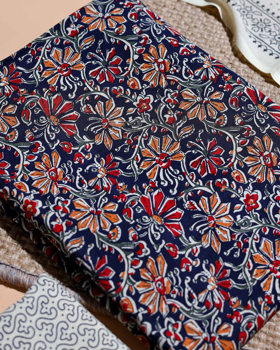 Women's Floral Printed Cotton Salwar Material with Geometric Bottom and Elegant Printed Dupatta - Navy Blue