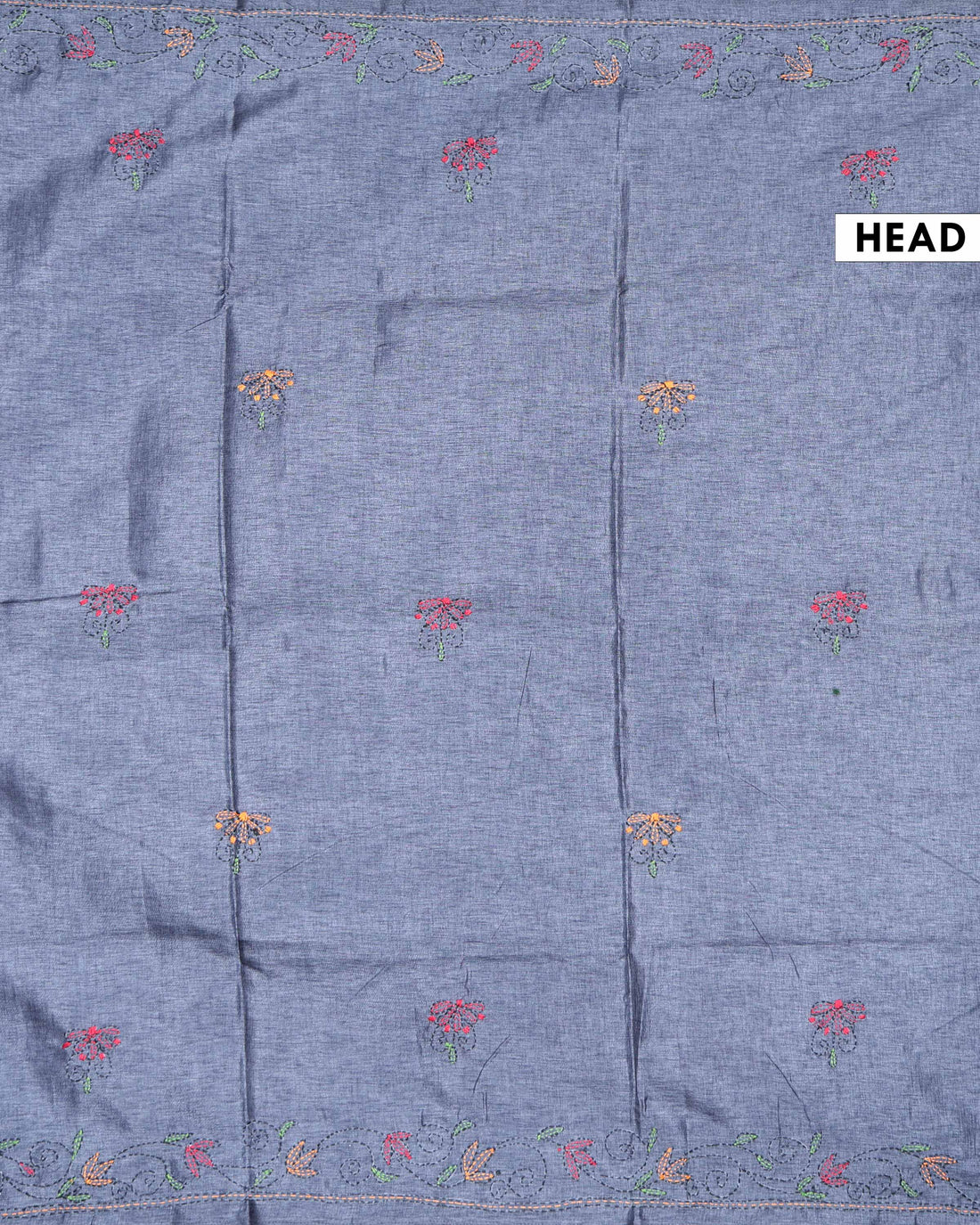 Elegant Hand Embroidered Kantha Work Tussar Saree with Floral and Geometric Motifs - Dark Grey