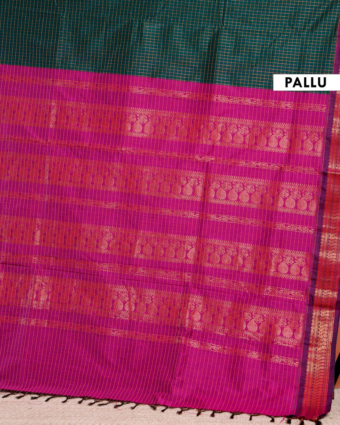 Traditional Kalyani Cotton Saree with All-Over Checks and Ornate Zari Pallu and Border - Dark Green