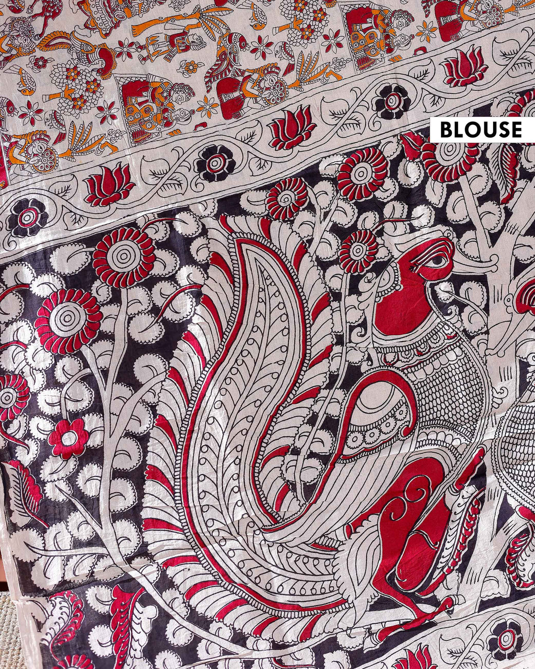 Traditional Handloom Kalamkari Cotton Saree with Intricate Floral and Avian Motifs - Off White