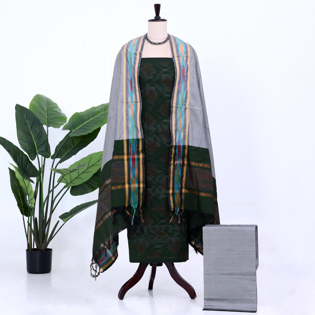 Dark Green Cotton Unstitched Salwar Material for Women | Ethnic Summer Collection | Jeyachandran - Full View