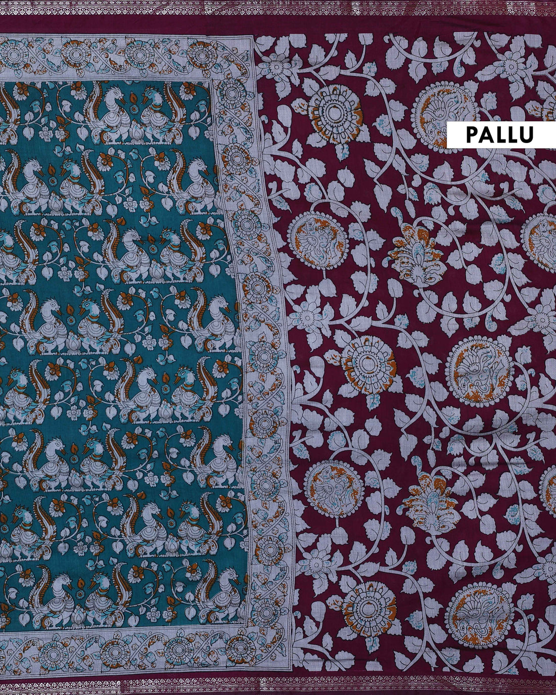Elegant Semi Chanderi Saree with Traditional Kalamkari Handcrafted Motifs and Intricate Zari Border - Teal