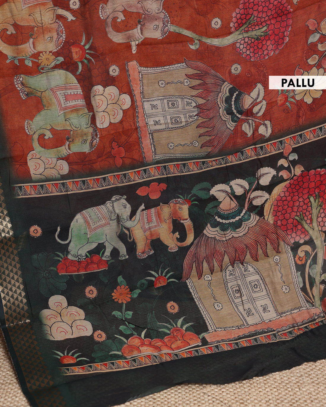 Semi Chanderi Kalamkari Saree with Intricate Hand-Painted Motifs and Zari Border - Brown