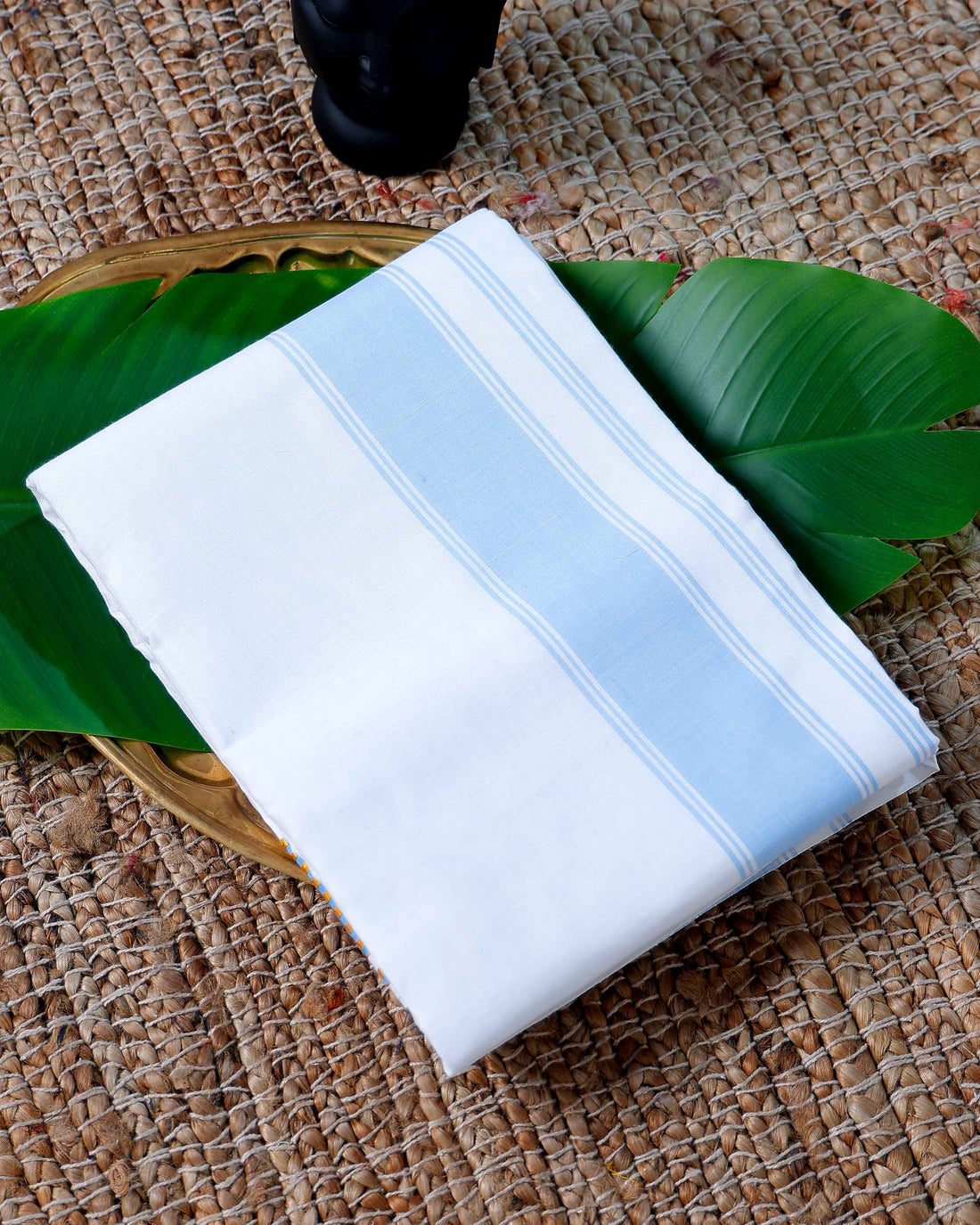Men’s Cotton Dhoti with Blue Colour Border - White