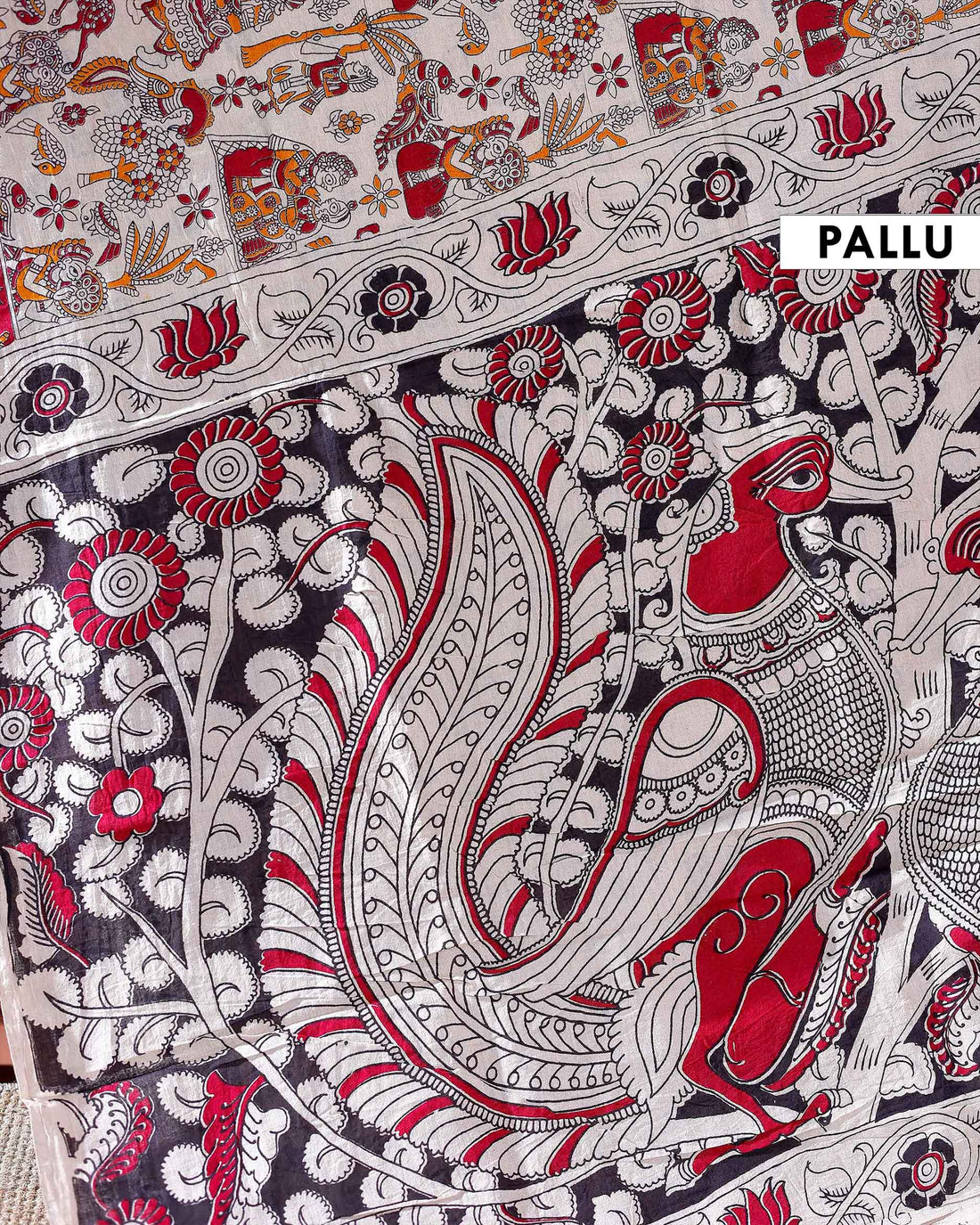 Traditional Handloom Kalamkari Cotton Saree with Intricate Floral and Avian Motifs - Off White