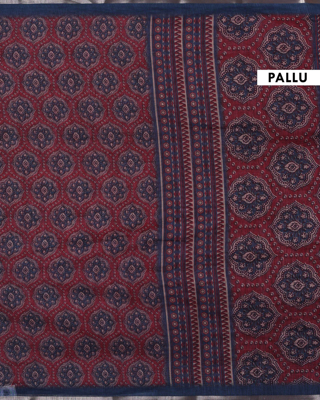 Rich Maroon and Navy Blue Linen Saree with Intricate Geometric and Floral Block Print