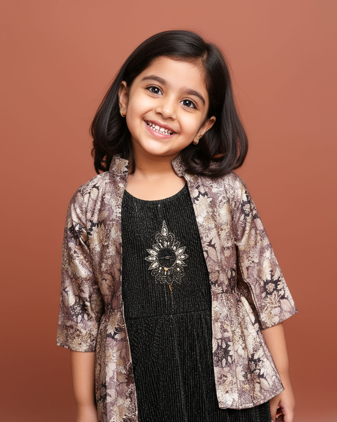 Girls' Elegant Layered Gown with Embroidered Jacket and Ruffled - Multi