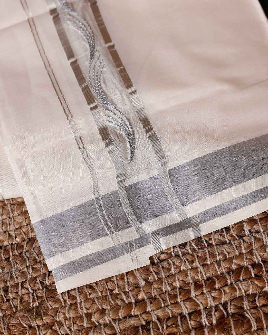Traditional Handwoven Cotton Dhoti with Silver Color Border and Elegant Finish - Off White