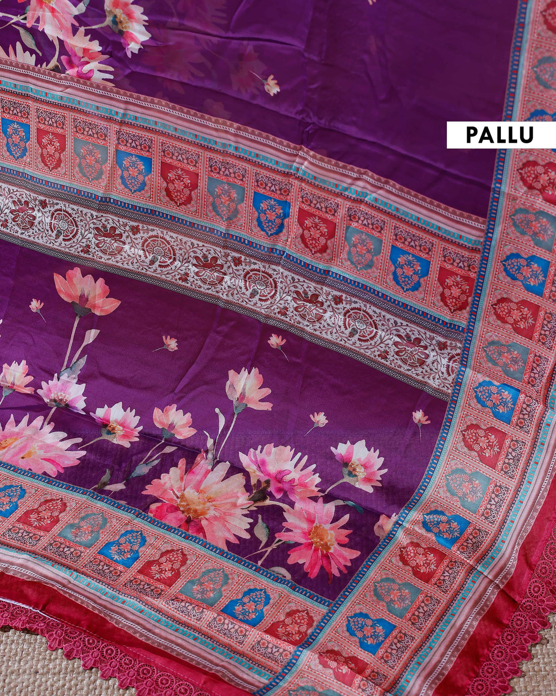 Stylish Georgette Saree with Bold Floral Prints and Traditional Patterned Border - Purple