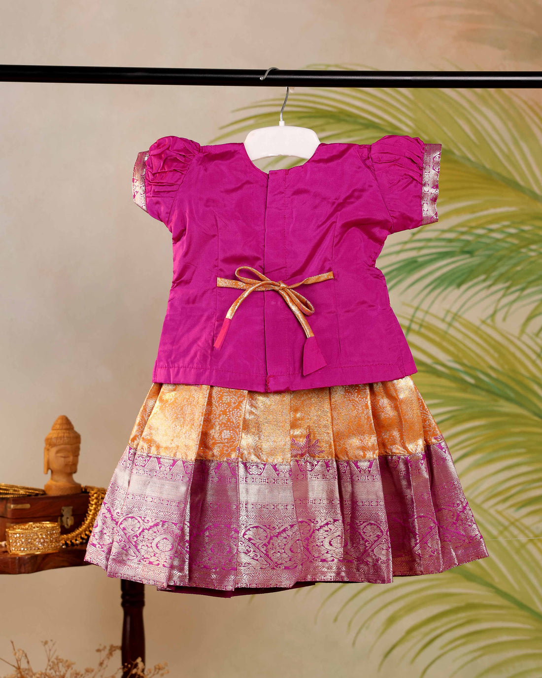 Classic Kids Pattu Pavadai Readymade a Traditional Ethnic Gown with Zari Border & Puff Sleeves  - Violet