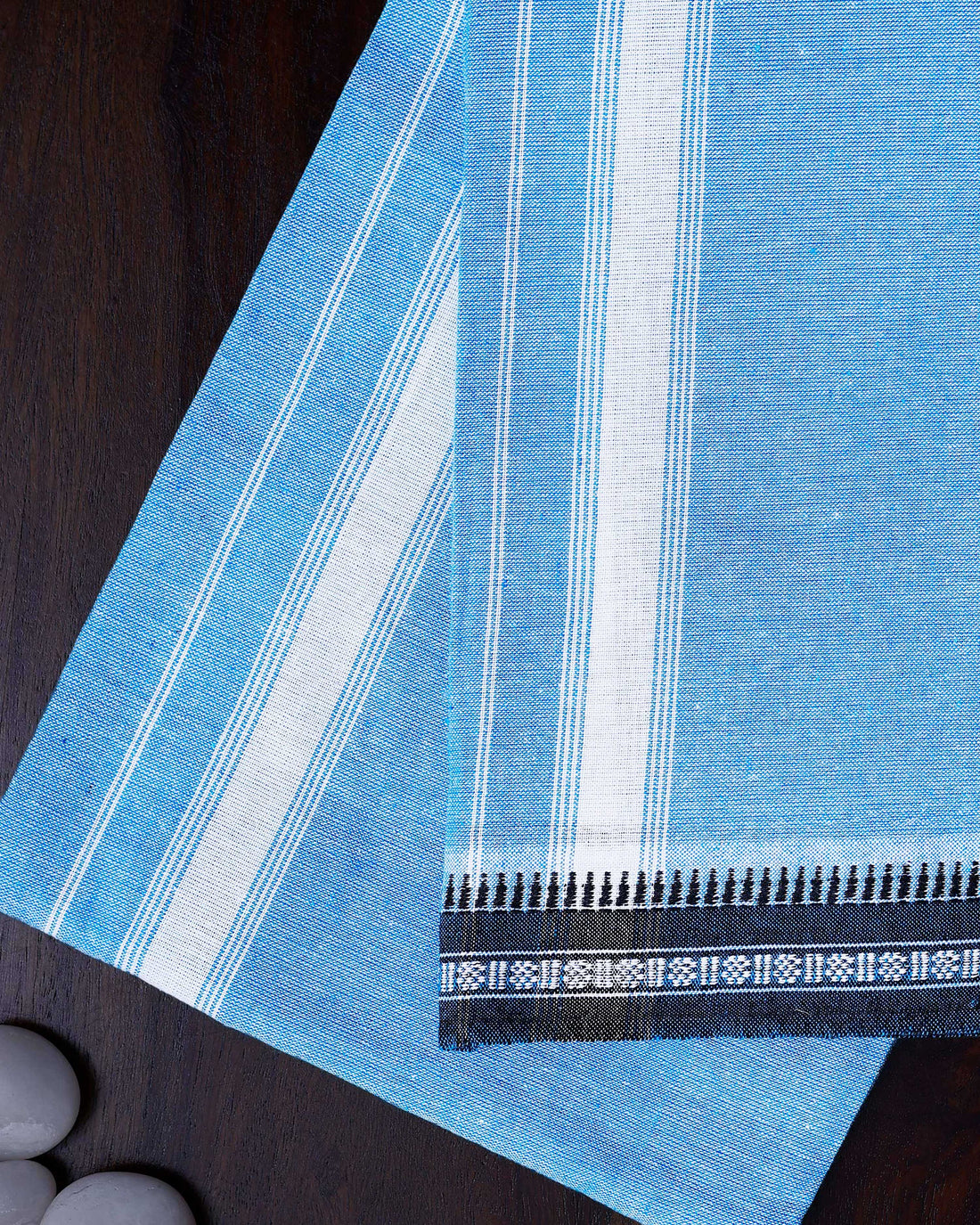Men's Handloom Cotton Dhoti with Striped Pattern and Black Border - Blue