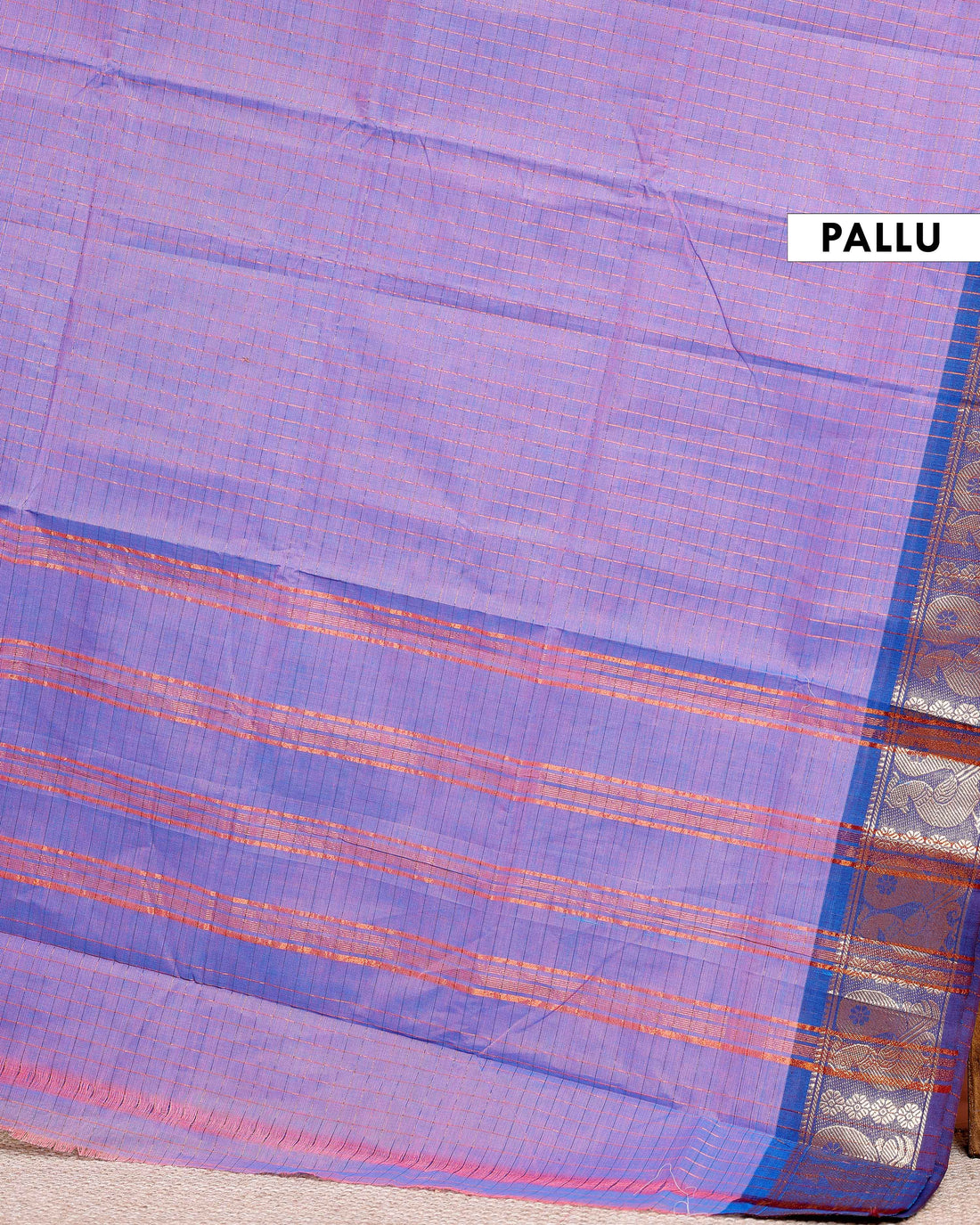 Chettinad Cotton Saree with Fine Checked Weave and Peacock Zari Border - Lavender