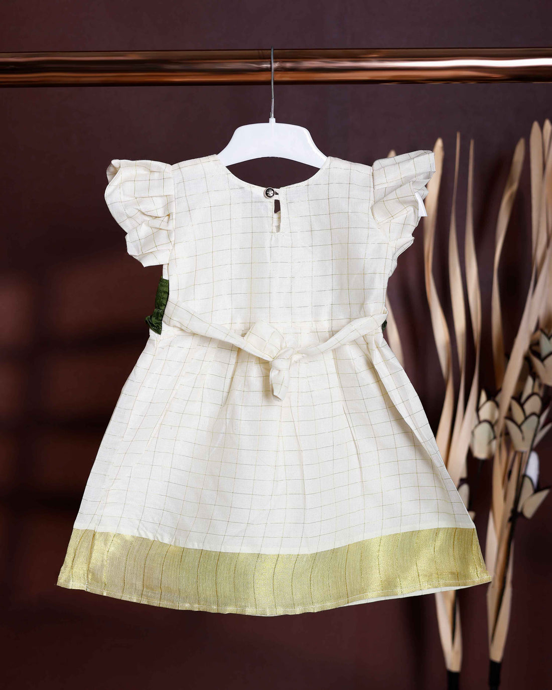 Girls' Traditional Handloom Frock with Ruffled Waistband and Gold Border - Off White