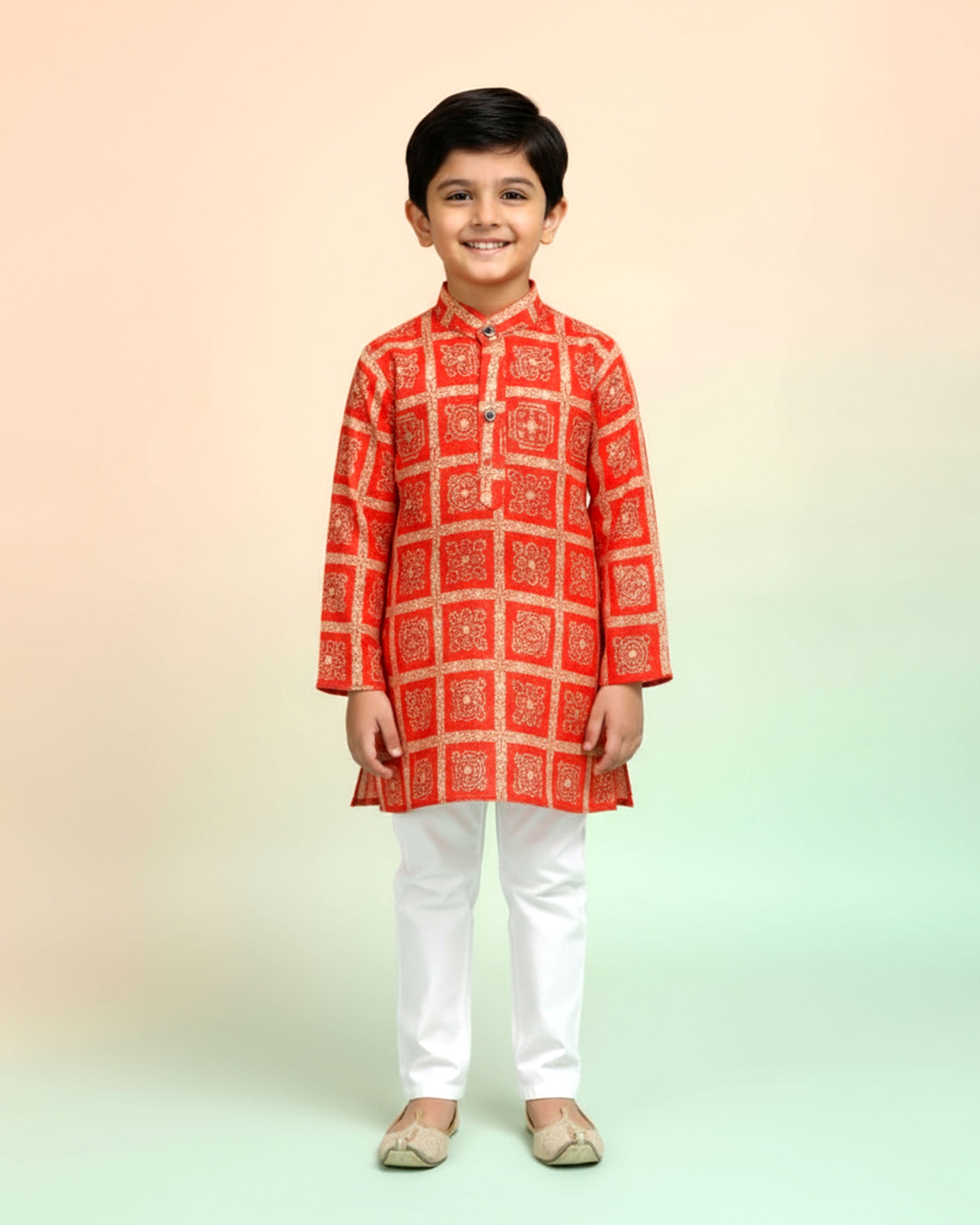 Boys green kurta adorned with traditional Bandhani-inspired patterns in red and gold., Dark Green