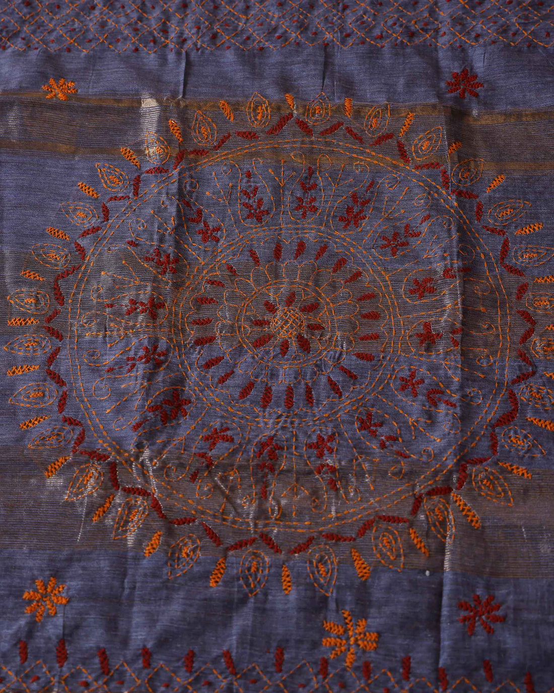 Elegant Kantha Hand Embroidered Saree with Intricate Floral Motif and Contrast Border - Grey