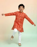 Boys green kurta adorned with traditional Bandhani-inspired patterns in red and gold., Dark Green