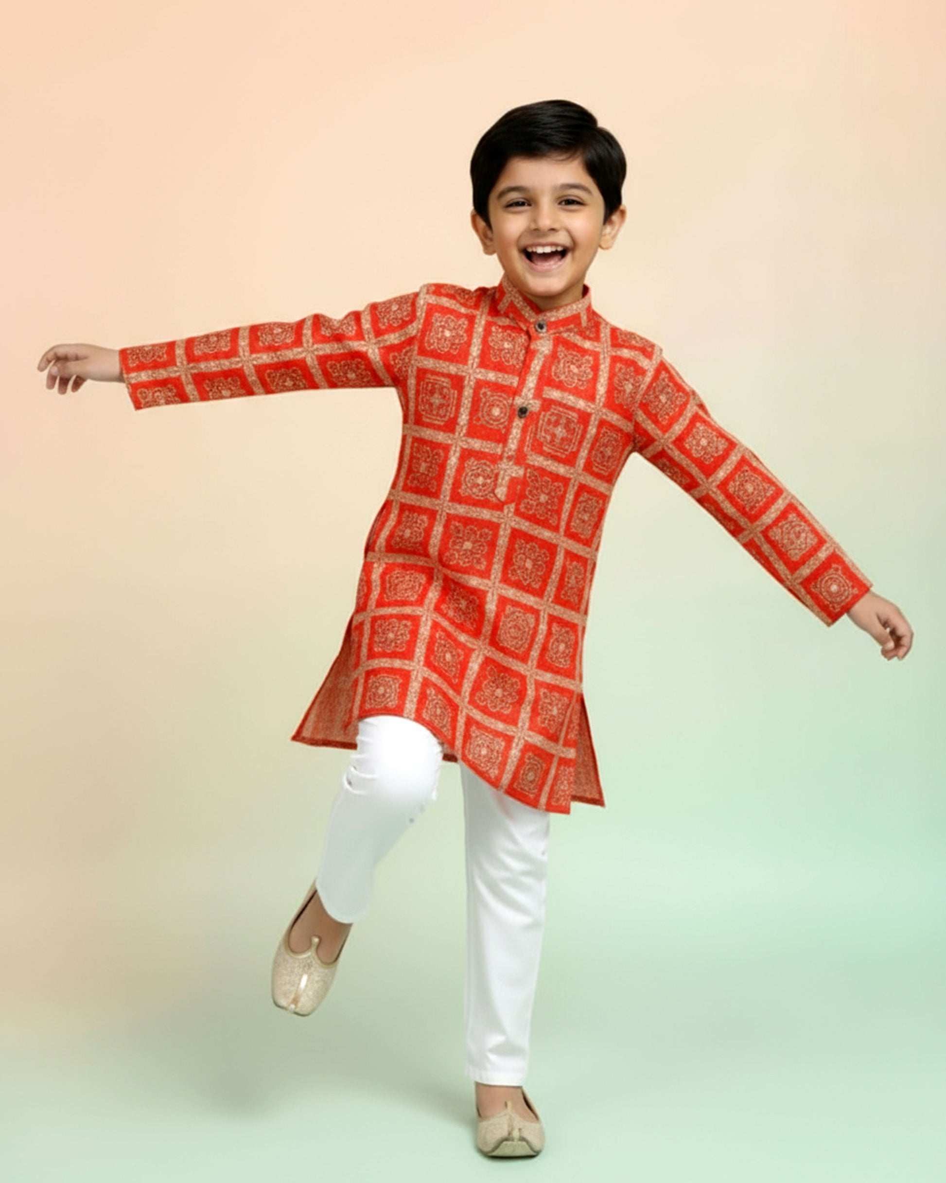 Boys green kurta adorned with traditional Bandhani-inspired patterns in red and gold., Dark Green