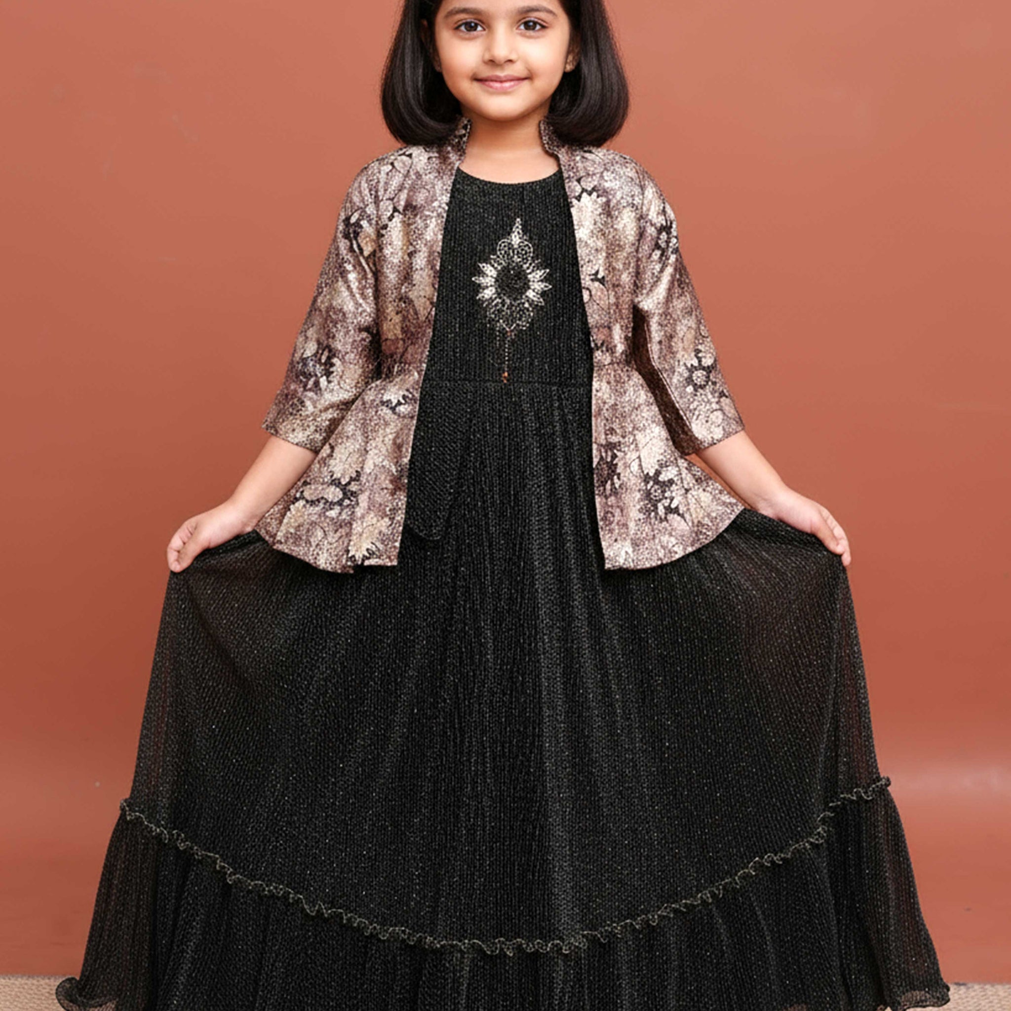 Girls' Elegant Layered Gown with Embroidered Jacket and Ruffled - Multi